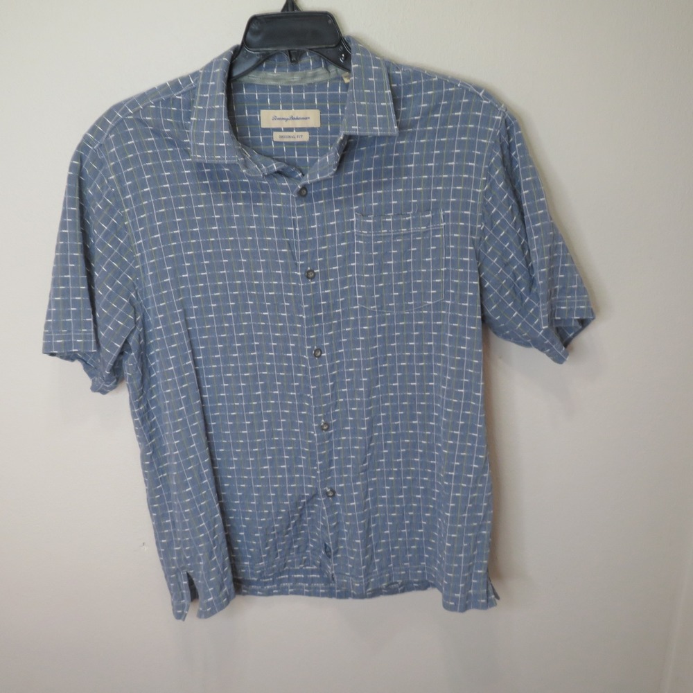 Tommy Bahama Mens Large Silk Cotton Blue Green Grid Short Sleeve Button Down